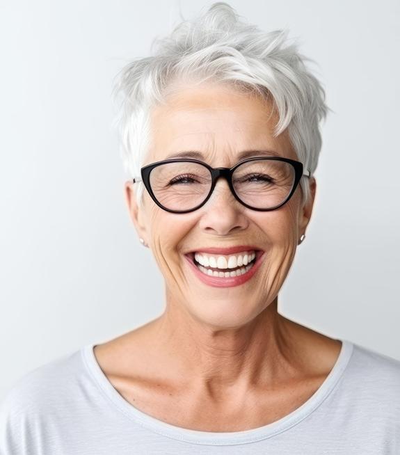 Woman with healthy happy smile after gum graft surgery